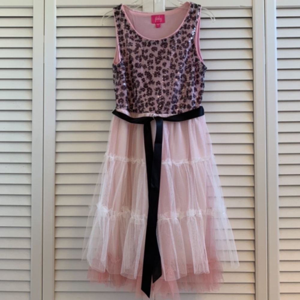 Pinky Dress with Leopard Print Sequined Top and Mesh Layered Skirt size 7